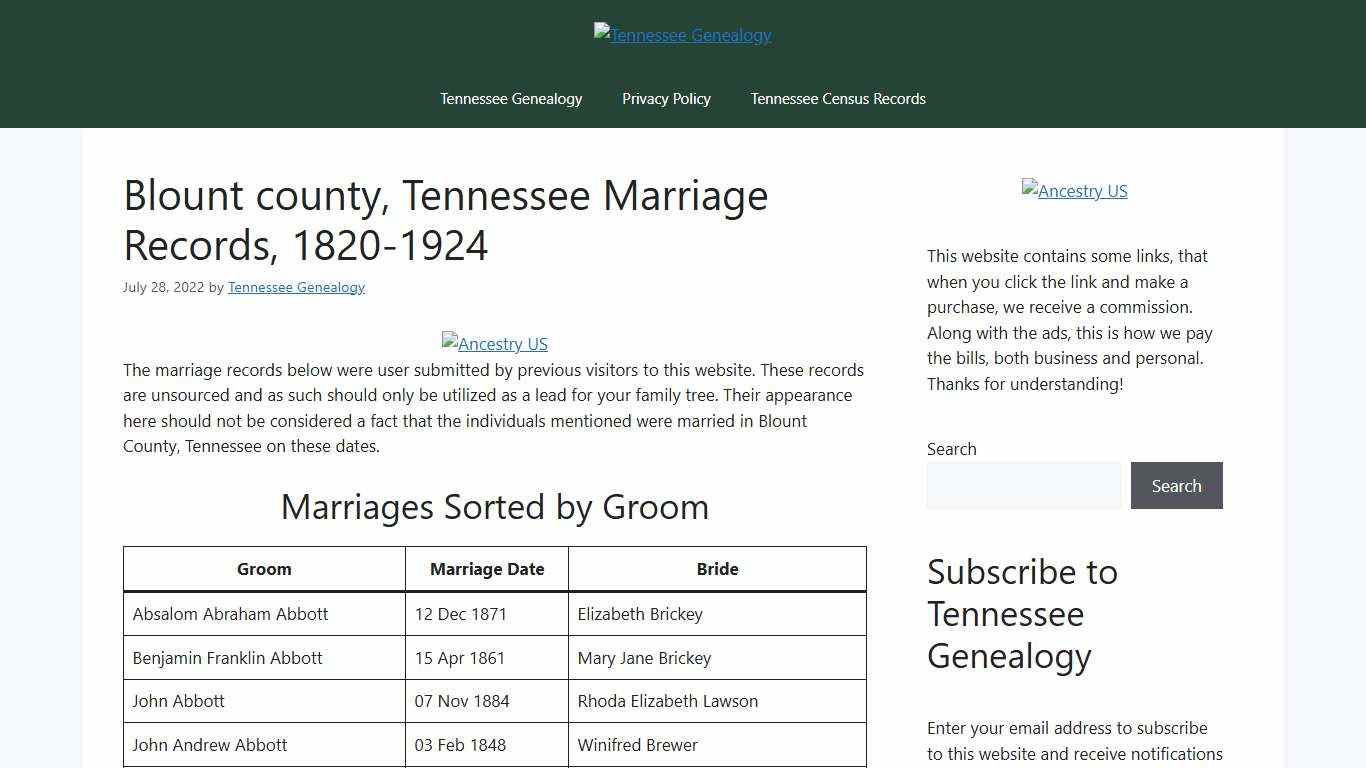 Blount county, Tennessee Marriage Records, 1820-1924 - Tennessee Genealogy